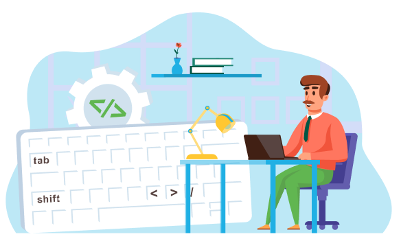 The image is a diagram featuring a tab with the shift key and an arrow indicating directions. It contains elements that suggest movement or transition, represented by symbols like. The design has cartoon-like qualities, creating an illustrative effect.